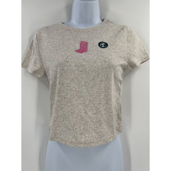 Aeropostale Seriously Soft Baby Tee L Beige Pink Embroidered Cowboy Boot Graphic - Picture 1 of 11